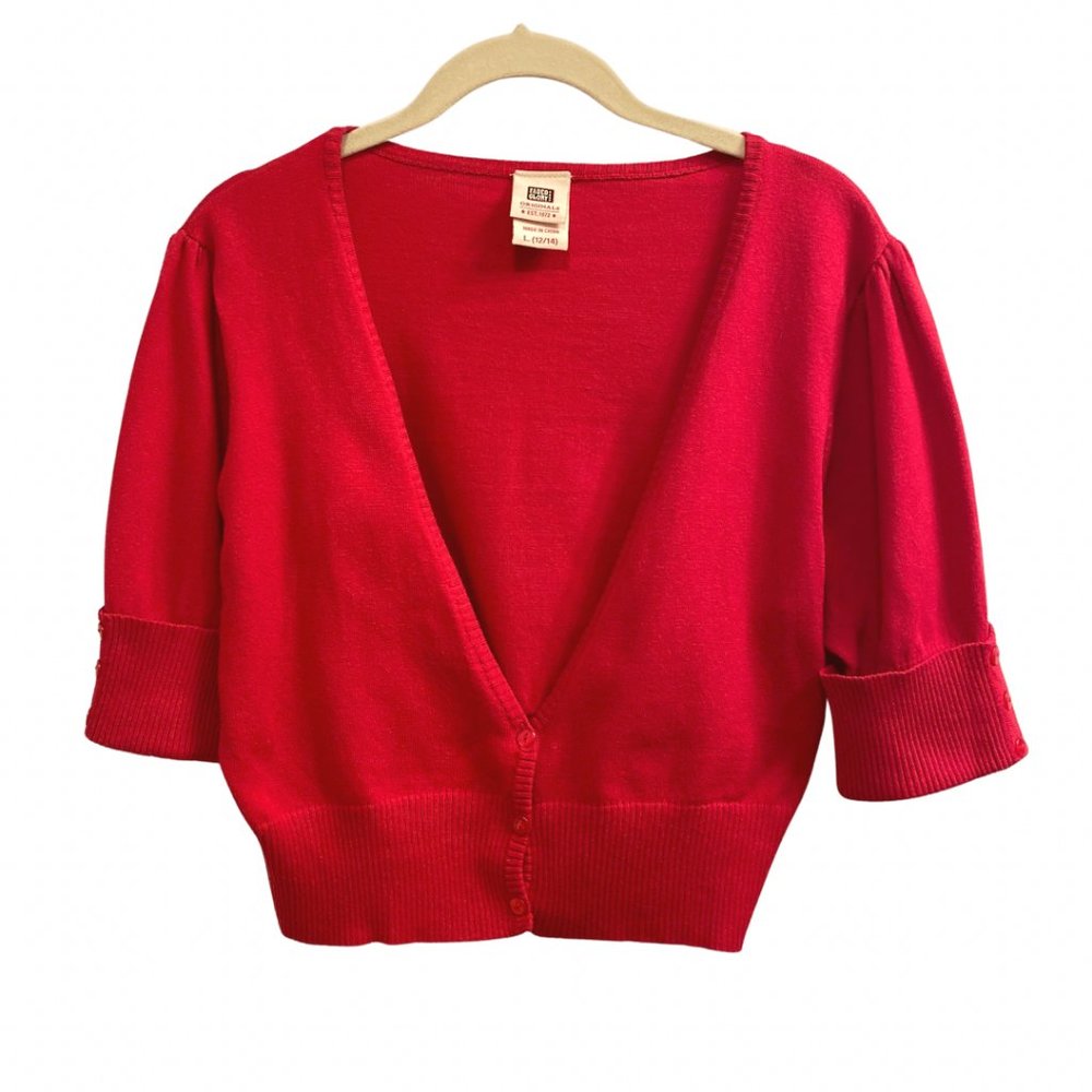Faded Glory cropped v-neck 1/2 sleeve red cardigan button detail. Women's 12-14